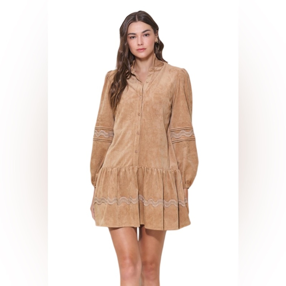 Able Camel Tan Faux Suede Ruffle Button Front Dress Women’s Large Fall Long Slv